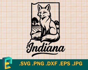 May include: Black and white graphic of the state of Indiana with a fox illustration. The fox is inside the state outline, with the word "Indiana" below. The image includes a field, tree, and a small house.