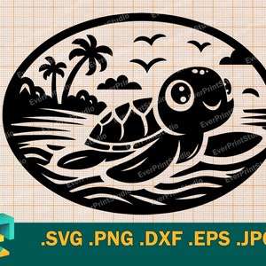 Tortuga bebé SVG - Cricut, silueta / Vector Lindo archivo de corte de tortuga marina / Descargar Feliz logotipo de tortuga tropical Clipart svg, png, eps, dxf