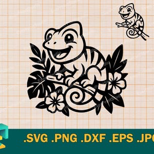 May include: Black and white digital illustration of a chameleon sitting on a branch with tropical leaves and flowers. The chameleon has a friendly expression and is curled up on the branch.
