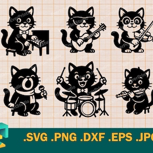 Gato musical SVG - Cricut, silueta/vector: guitarra, batería, voz, flauta, violín. Plantilla de clase de música con diseño de gato divertido (svg, png, eps, dxf)