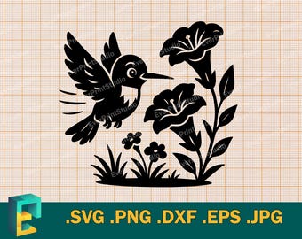 Cute Hummingbird Svg - Cricut, Silhouette | Vector Hummingbird Cut File, Hummingbird Flowers Svg, Template for Cutting svg, png, eps, dxf