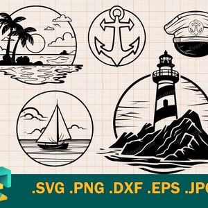 May include: A set of five black and white nautical themed SVG cut files. The designs include a lighthouse on a rocky island, an anchor, a sailboat on the ocean, a palm tree on a beach, and a captain's hat with an anchor.