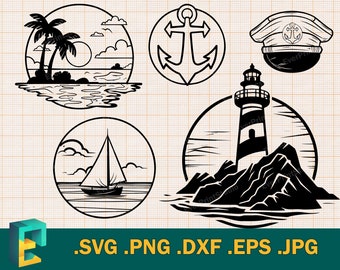Nautische bundel SVG - eilandpalm, zeilboot svg, vuurtoren svg, Captain Hat svg, scheepsanker | voor Cricut Silhouette, Cut-bestanden