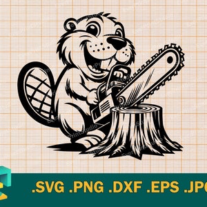 May include: A black and white illustration of a beaver holding a chainsaw and standing on a tree stump.