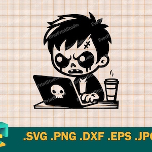 May include: Black and white graphic of a zombie character working on a laptop with a skull icon. The zombie has a coffee cup and the text "EverPrintStudio". The image is a digital design.