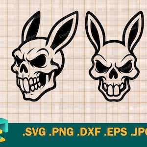 May include: Two black and white illustrations of a skull with rabbit ears. The images are on a grid background. The text at the bottom says .SVG .PNG .DXF .EPS .JPG.
