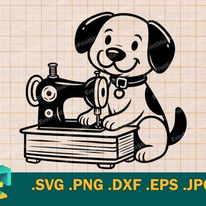 Puede incluir: Ilustración en blanco y negro de un perro sentado junto a una máquina de coser. El perro sonríe y lleva un collar. La máquina de coser está sobre una mesa de madera.