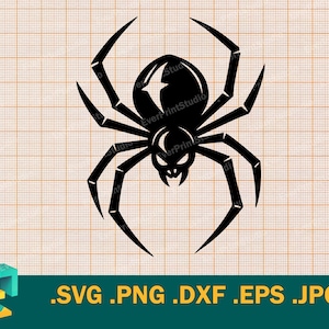 May include: A black spider silhouette with sharp legs and a detailed body. The image includes the text ".SVG .PNG .DXF .EPS .JPG" at the bottom, indicating file formats. The spider design is suitable for Halloween or spooky-themed projects.