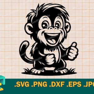 May include: Black and white illustration of a cartoon monkey giving a thumbs up. The monkey has a big smile and is wearing a furry coat.