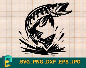 May include: Black and white silhouette of a fish jumping out of the water, with a splash of water behind it. The fish is facing the right side of the image.