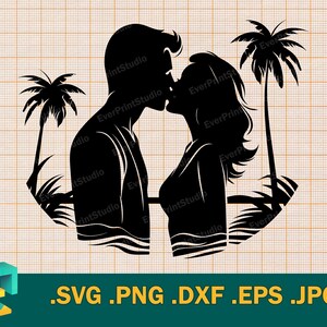 Tropical Island SVG - Cricut, sylwetka | Wektor miesiąca miodowego, całująca się para na plaży | Tropikalna wyspa, plik Clip Art Logo, svg, png