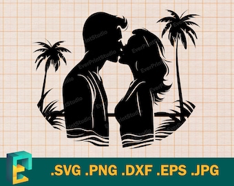 Tropisch eiland SVG - Cricut, silhouet | Huwelijksreisvector, kussend stel op het strand | Tropisch eiland gesneden bestand Clip Art Logo, svg, png