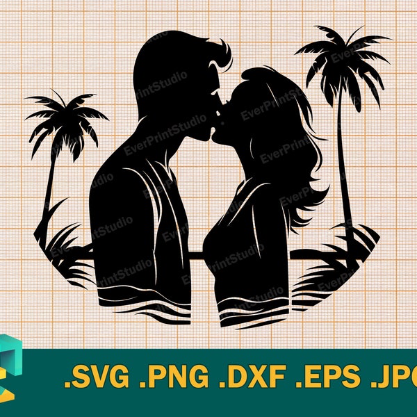 Tropical Island SVG - Cricut, Silhouette | Honeymoon Vector, Kissing Couple on the Beach | Tropical Island Cut File Clip Art Logo, svg, png