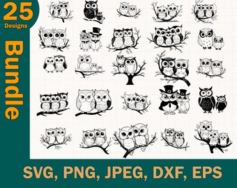 Paquete de 25 búhos: búhos svg, archivo de corte de búho, lindo diseño de búho svg, clipart de búhos, archivos de búho svg para silueta cricut, dos búhos