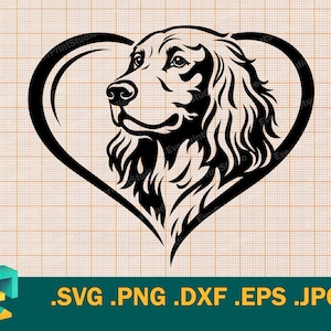 May include: Black and white graphic of a dog's head inside a heart shape. The dog is facing left, with detailed fur and features. The image includes file type options: .SVG .PNG .DXF .EPS .JPG.