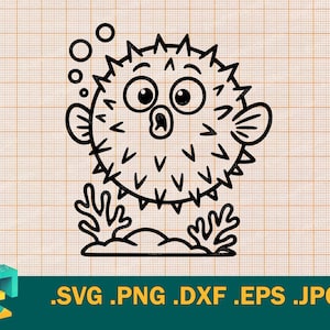 May include: A black and white line drawing of a pufferfish with a surprised expression. The pufferfish is surrounded by small circles, and there are two seaweed-like plants below it.