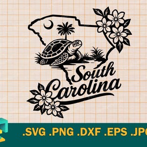 Puede incluir: Gráfico en blanco y negro de Carolina del Sur con una tortuga, una palmera y flores. El texto "South Carolina" está en una fuente de escritura. Los formatos de archivo .SVG .PNG .DXF .EPS .JPG se enumeran a continuación.