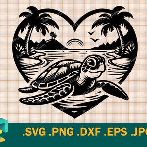 Tortuga marina SVG - Cricut, silueta / diseño imprimible vectorial Linda tortuga marina en plantilla de corte de playa tropical Descarga svg, png, eps, dxf