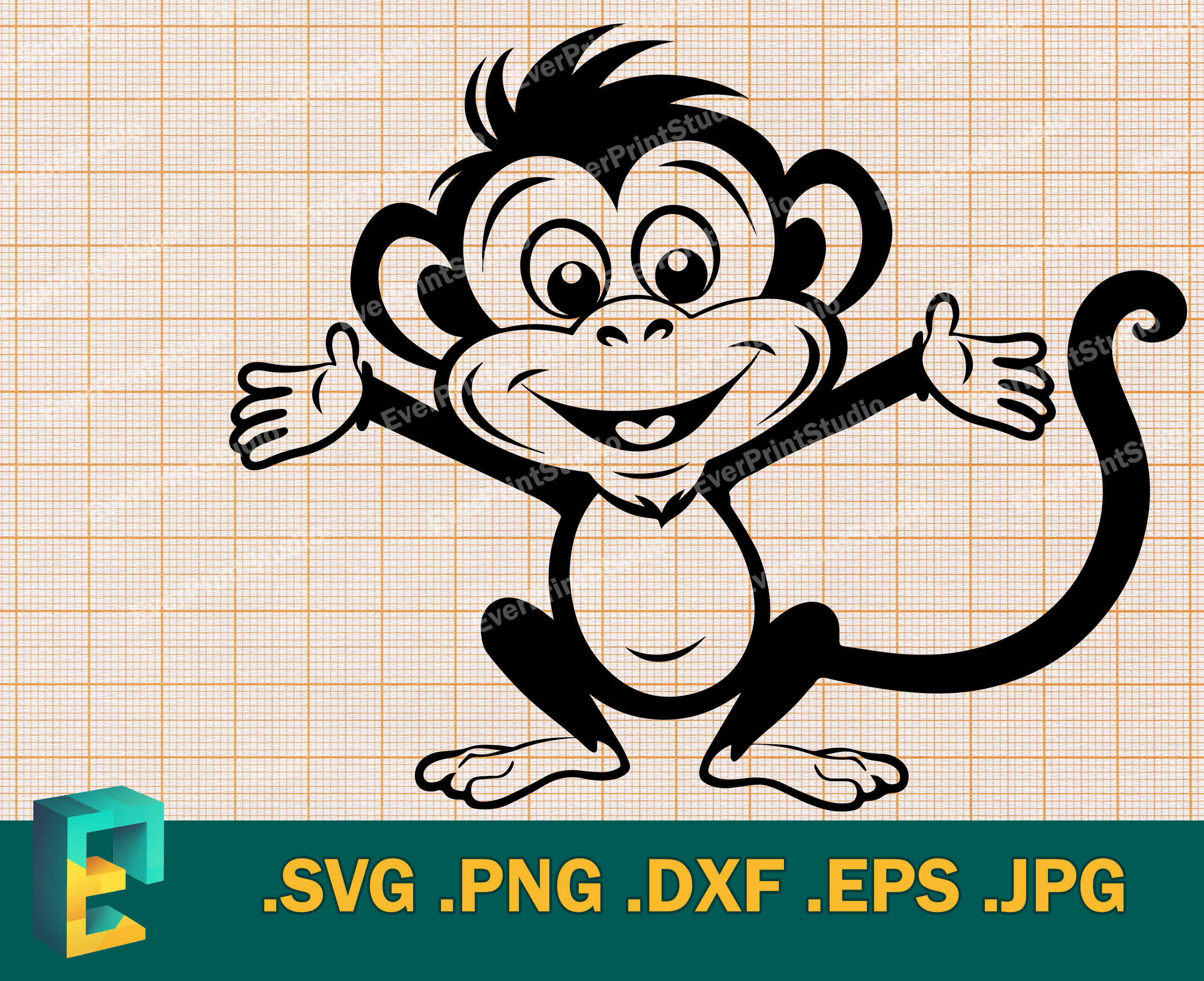 Cute Monkey SVG - Cricut and Silhouette | Vector Monkey Cut File for Cricut,  Happy Monkey Clipart Cuttable SVG Fiile, png, eps, dxf