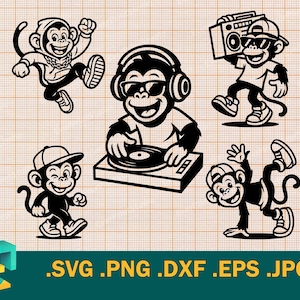 DJ Disc Jockey Monkey SVG - Cricut, silhouet | Vector hiphopmuziek coole dj-bundel SVG, Monkey Boombox, hiphop Cricut svg, eps, dxf, png