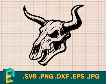 May include: A black and white illustration of a bull skull with large curved horns. The skull has detailed features, including eye sockets, teeth, and a defined jawline. The image includes the file types: .SVG .PNG .DXF .EPS .JPG.