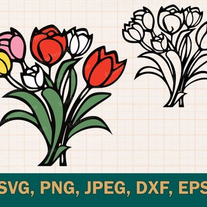 Boeket tulpen gelaagde SVG | Tulpenbloemen SVG, Cricut Cut-bestand, Uniek ontwerp, Afdrukbare Instant Download voor Silhouette en Clipart