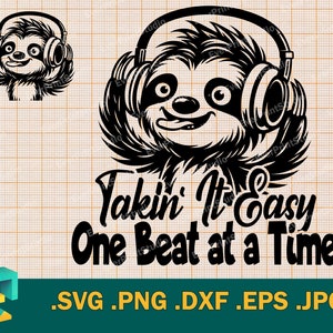 Fones de ouvido de preguiça SVG - Cricut, Silhouette | Cute DJ Sloth svg | Arquivo de corte svg de música de preguiça | Modelo para corte Baixar svg, png, eps, dxf