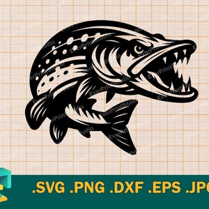 Pike Fish SVG - Cricut, Silueta / Vector Pike Fish Cut File / Pesca Northern Pike Fish svg / Regalo para pescador svg, png, eps, dxf