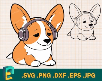 Corgi SVG - Ontwerp voor Cricut & Silhouette, Corgi Dog met koptelefoon Vector, Baby Corgi SVG gelaagd gesneden bestand, svg, eps, dxf, png, jpg