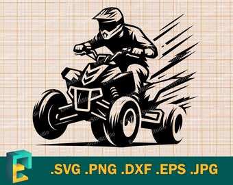 May include: Black and white illustration of a person driving an ATV. The ATV is moving fast, with speed lines behind it. The person is wearing a helmet and goggles.