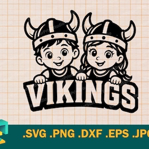 Pode incluir: Uma ilustração gráfica a preto e branco com duas crianças de desenho animado a usar capacetes de viking com chifres, posicionadas atrás de um grande sinal com a palavra VIKINGS em letras maiúsculas a negrito sobre um fundo de grelha.