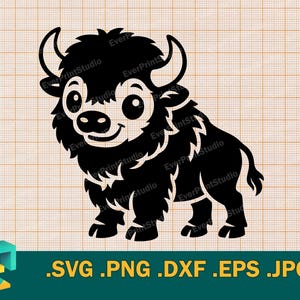 May include: A black and white cartoon illustration of a bison with a friendly expression. The bison has large eyes, horns, and a fluffy mane. The image includes the text ".SVG .PNG .DXF .EPS .JPG".