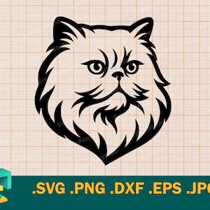 May include: A black and white graphic of a Persian cat's face. The cat's fur is detailed with curved lines, and its eyes are round. The image includes the file formats: .SVG .PNG .DXF .EPS .JPG.
