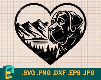 May include: Black and white silhouette of a dog's head inside a heart shape with a mountain landscape behind it. The dog's head is facing the left side of the image. The mountains are in the background and are stylized with a simple design. The image is in a heart shape.