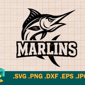 May include: Black and white marlin fish logo with the word "MARLINS" in bold, block letters. The marlin is depicted with a long, pointed bill and a curved dorsal fin. The logo is set against a grid background.