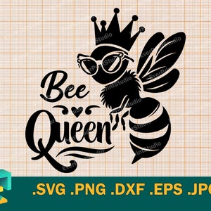 May include: Black and white silhouette of a bee wearing a crown and sunglasses with the text "Bee Queen's" in a stylized font.