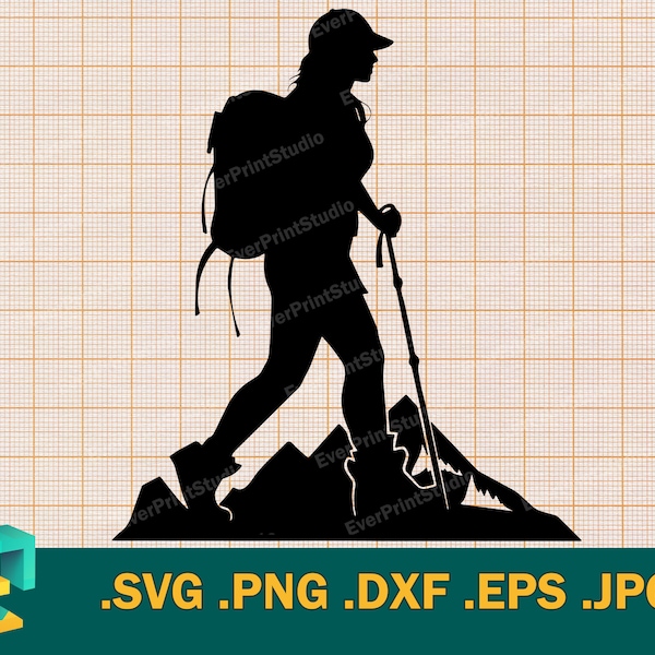 Hiking woman Svg,  Hiking woman Files For Cricut, Hiking Woman Silhouette Svg Cut Files, Hiker Silhouette svg