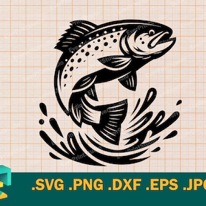 May include: Black and white illustration of a trout leaping out of water. The fish is detailed with spots and fins, and the water is depicted with stylized splashes. The image is set against a grid background, with file type options at the bottom.