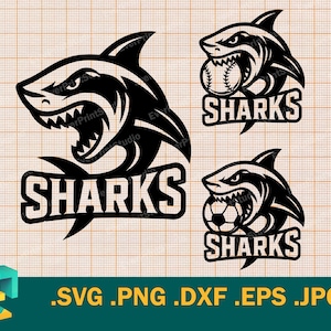 Logotipo del equipo Sharks SVG - Cricut, silueta / Sharks Béisbol, logotipo del equipo de fútbol Sharks Mascota deportiva Descargar Imprimir SVG, PNG, EPS, DXF