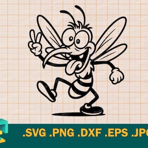 May include: Black and white cartoon illustration of a bee with a peace sign. The bee is smiling with its tongue out and is walking. The image includes the file types: .SVG .PNG .DXF .EPS .JPG.
