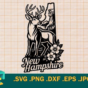 May include: Black and white graphic of a deer with large antlers, standing in front of a stylized outline of New Hampshire. The design includes flowers and the words "New Hampshire".