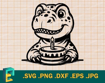 T-Rex Birthday SVG - Cricut, Silhouette | Cute Dinosaur Vector Cut File | Download Baby TRex Dinosaur  with Birthday Cake svg, png, eps, dxf