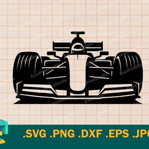 Peut inclure: Silhouette noire d'une voiture de course de Formule 1, vue de face. L'image comprend le texte : .SVG .PNG .DXF .EPS .JPG. La voiture a de grands pneus, un aileron avant et une carrosserie profilée.