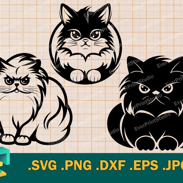 Persian Cat SVG - Cricut, Silhouette | Cute Persian Cat Cut File | Download Cute Cat Digital Clip Art Logo, svg, png, eps, dxf