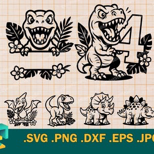 Garçon des 4 ans SVG - Cricut, Silhouette. Vector Boy Dino Kid 4e anniversaire T-Rex mignon, Triceratops 4e année couper fichier svg, png, eps