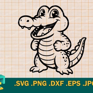 May include: Black and white line art illustration of a cartoon alligator with a toothy grin and big eyes. The alligator is standing on its hind legs with its tail curled behind it.