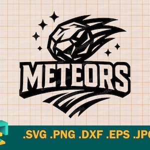 May include: Black graphic design with the word "METEORS" in a bold, stylized font, accompanied by a meteor illustration above and below. Four star shapes are also included. The image is set against a grid background.