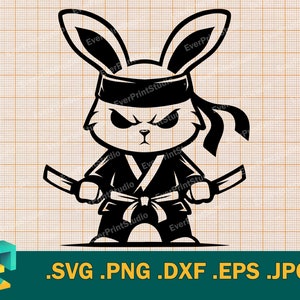 Svg lapin Ninja - Cricut, Silhouette | Fichier vectoriel Couper le lapin martial | Téléchargez des cliparts mignon lapin ninja | Bébé ninja svg, png, eps