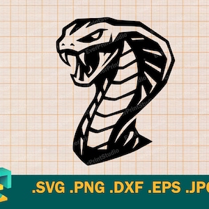 May include: A black cobra snake illustration with an open mouth, fangs, and a detailed head and neck. The image is a digital design, with the text '.SVG .PNG .DXF .EPS .JPG' at the bottom.