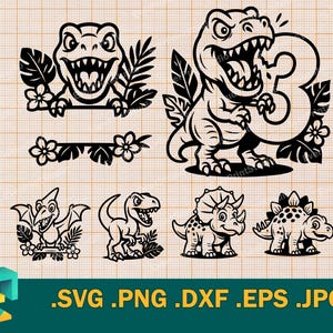 Festa de Aniversário de Menino SVG - Cricut, Silhouette. Vetor Bebê Menino Dino Kid 3º Aniversário Bonito T-Rex, Triceratops 3ª Série Arquivo de Corte svg, png, eps